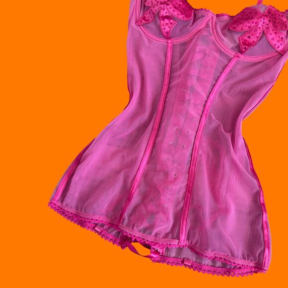 90's 00's vintage hot pink mesh mcbling corset babydoll y2k lingerie bustier L - Picture 5 of 9
